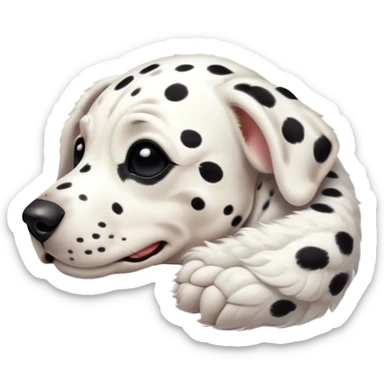 Meme-Worthy Cute Sleeping Spotted Dalmatian Portrait Emoji, Head resting peacefully with a contented smile, showcasing a delightfully majestic build and a luxuriously soft Fur of predominantly white with bold black patches, eyes shut in a serene nap, Simplified yet hilariously adorable features, highly detailed, glowing with a soft, drowsy light, high shine, relaxed and utterly lovable, stylized with an air of playful laziness, bright and heartwarming, soft glowing outline, capturing the essence of a comically sleepy guardian, so meme-worthy it feels like it could instantly become the next viral sensation of adorable slumber! sticker