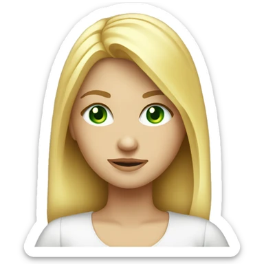 A beautiful blonde girl with green eyes is sitting at a laptop, ios-style emoji sticker