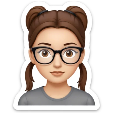 a woman with square black eyeglasses, brown hair with ponytail sticker