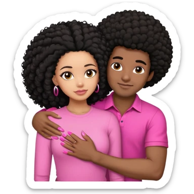 Lightskin woman with black hair and pink shirt and pink nails hugging darkskin man with afro kinky hair sticker