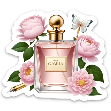 A delicate glass perfume bottle with a golden atomizer, surrounded by soft pink roses, white peonies, and dahlias, as pearl butterflies reflect beautifully in the crystal surface.
 sticker