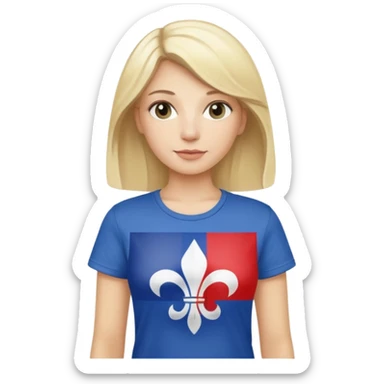 White woman with blonde hair holding a French flag in hand with a fleur-de-lily t-shirt sticker