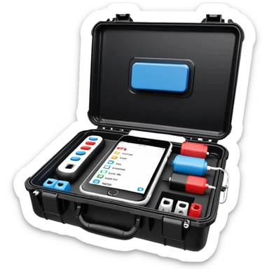An open, black outdoor test case.Interior: control panel with colored test jacks, USB ports, and a power outlet. A red test probe is located next to it. On the left side of the case is a large roll of white, round test labels displaying QR codes. A blue cable leads out of the side of the case. sticker