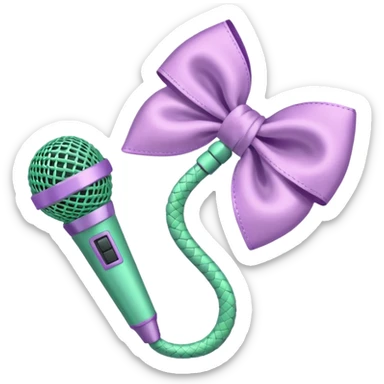 A pastel pink bow with a pastel green snake on the top of one side and a pastel purple microphone on the bottom of the other side sticker