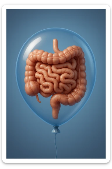 EMOJI STILE IPHONE 3D DI UN INTESTINO CHIUSO IN UN PALLONCINO CHE SIMBOLEGGIA GONFIORE, IPERREALISTICA 4K sticker