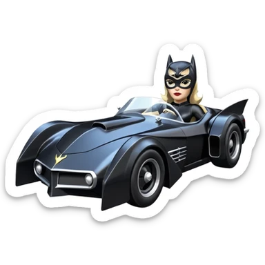 aerodynamic opulent dark rc futuristic concept Catwoman Batgirlmobile loosely based on 1977 Mustang roadster racing (flat long straight faceted mechanical body) winged stealthy street hot rod  sticker