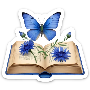 A vintage book with a worn blue cover, open to reveal pressed blue cornflowers and a resting green butterfly. sticker