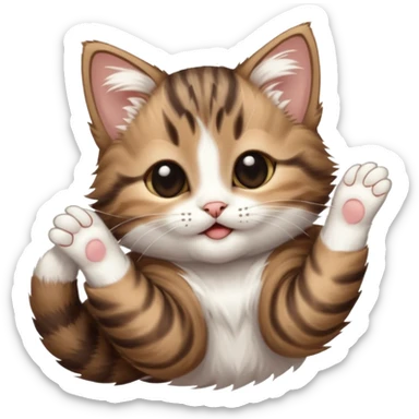 dark brown tabby and white kitten in funny positions stretched our upside down with eyes closed sticker