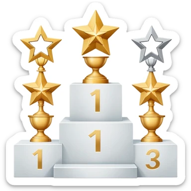 Create an emoji of a podium with three levels. The first place should have a golden trophy with a star on the front, the second place should have a silver trophy with two stars, and the third place should have a bronze trophy with two stars. The trophies should be placed on white pedestal platforms, with the numbers 1, 2, and 3 clearly visible on each base. The style should be clean, modern, and minimalist, similar to the digital design shown in the uploaded file sticker