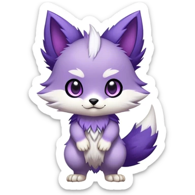  High quality Cute Cool Kawaii edgy Chibi Fur-Sona Purple fur, white belly, white tail tip, Fakemon-creature-animal-vernid-hybrid Full Body, facial markings sticker