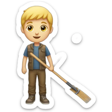 white kid holding a rake sticker