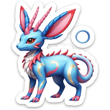 Shiny Horned Heliolisk-Sylveon-Salandit-Amaura-Fakémon-hybrid-creature (full body)  sticker