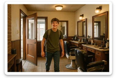 Sartaroshxonaga kirib kelayotgan! O'smirin bola sartaroshxona yangi ham eski ham emas sticker