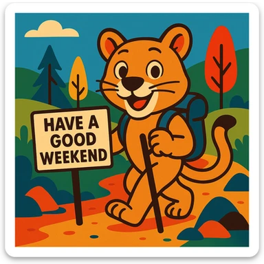 a cute cougar on a hiking trail, holding a sign that says 'Have a good weekend', in a colorful, modern illustration sticker