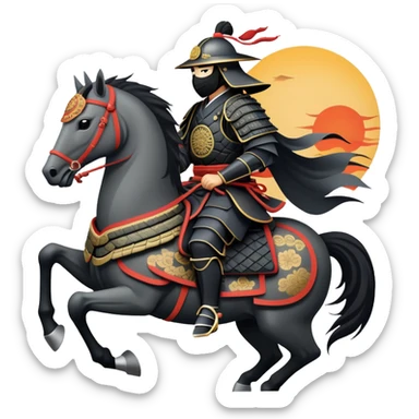 clash-of-clans-aesthetic_-cinematic-fearsome-and-majestic-samurai-bust-portrait-emoji, rendered in a flat, vector-style with minimal shading and bold, simplified shapes typical of emoji art, depicting a battle-hardened samurai with black mask and traditional black Japanese armor. The samurai is riding a noble grey warhorse adorned with an intricately designed saddle and fluttering banners and a rising sun. a samurai on a   horse sticker