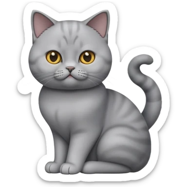 cinematic-[British shorthair cat]-realistic-full-body-sitting-emoji,-tail-curled-playfully-around-its-paws,-head-tilted-dramatically,-sleek-[grey]-fur,-simplified-yet-hilariously-adorable-features,-highly-detailed,-glowing-with-an-almost-sarcastic-glow sticker