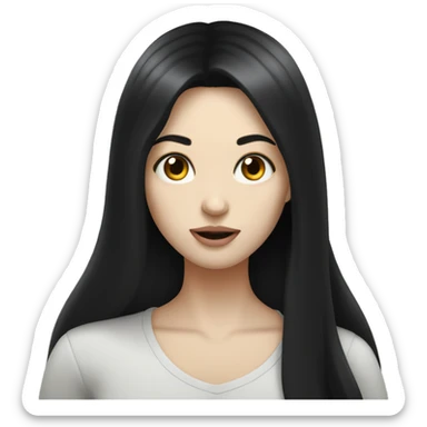 Pale girl with long black hair eating sticker