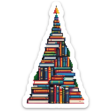 A mountain peak made entirely of colorful stacked books reaching high sticker
