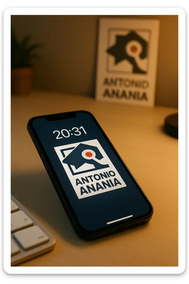 A photo of an iPhone on the desk with the message "Antonio Anania" on its screen, The phone sits atop a desk with a blurred background that suggests work environment. A faint glow from above casts gentle shadows across the surface of each object, creating depth and highlighting their textures sticker
