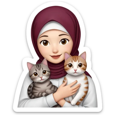 Asian white Girl wearing dark maroon hijab with white shirt smiling while holding a black brown grey tabby cat sticker