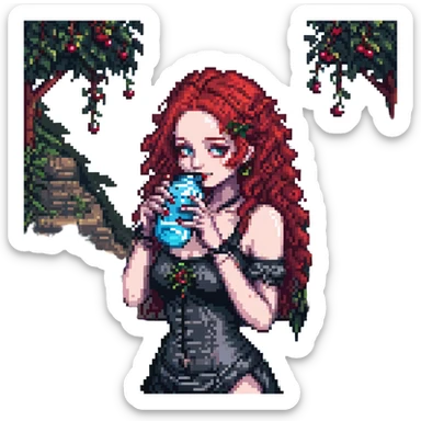 goth girl with red cherry curly hair drinking water, pixel art style sticker
