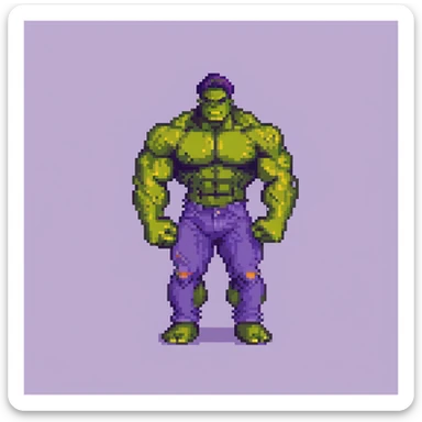 Pixel art Hulk flexing muscles, classic purple pants, retro video game look sticker