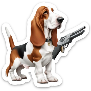 Red and white basset hound with gun sticker