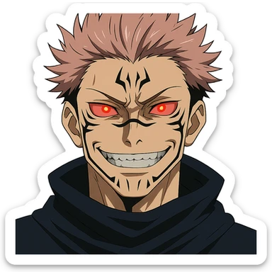 Ryomen Sukuna close-up, sinister smile, glowing red eyes, facial tattoos, anime style sticker