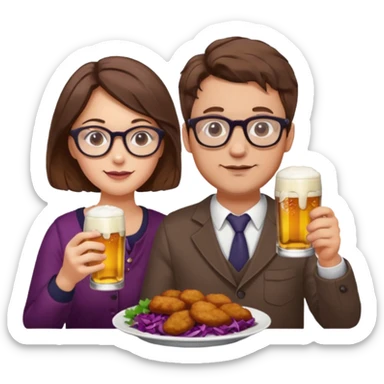 German man with glasses and brown hair and woman with glasses and brown hair eating schnitzel, red cabbage, potatoes, and drinking a beer sticker