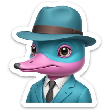 cute light blue turqiouse platypus head, mysterious with very big eyes with a detective hat, no  hands, looks like a platypus but blue, the hat and suit are pink sticker