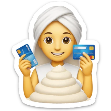 Happy emoji with a credit card in hand and a pile of flour infront of it sticker