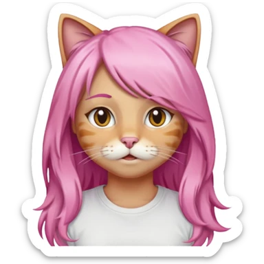 calico cat wear long pink hair wig, white T-shirt sticker