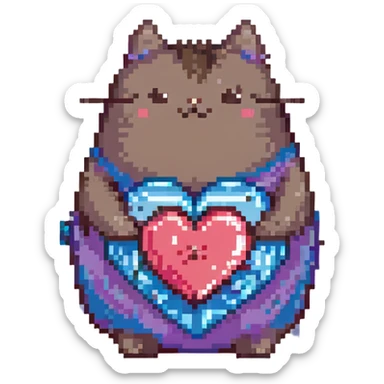 Pusheen hugging a big heart, pastel colors, adorable, pixel art style sticker