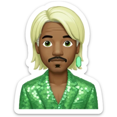 Andre 3000 from Outkast with long white blonde hair, pale green sequin outfit sticker