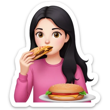 White girl in pink clothes and long black hair eating burger and pizza sticker