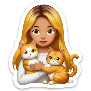 Girl with yellow and black Balayage longhair  petting her a white Garfield cat and a brown Garfield cat sticker