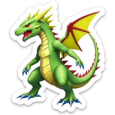 Cool edgy shiny Guilmon-Flygon-Tyranitar-Drudigon-Digimon-hybrid-fusion, yellow belly, full body sticker