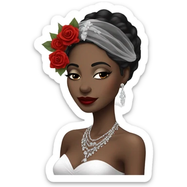 African bride. Makeup. Short black hair. Silver jewelry. Holding red roses. Eyes closed. sticker