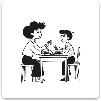 educator or speech therapist with child, who helps child with lessons sitting at the table sticker
