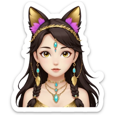 Beautiful gorgeous anime lady with beautiful dark-brown-special-hair, fashion aesthetic, ethereal, feather, accessories, gold jewelries, gold, colorful, feline ears sticker