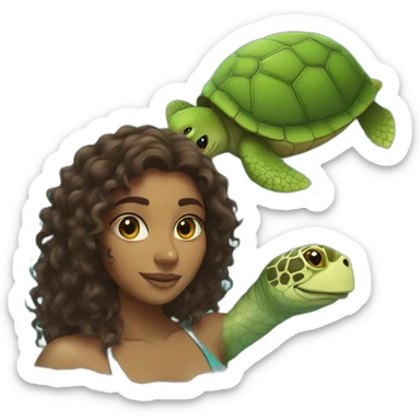 Indian woman with curly hair swimming with a turtle sticker