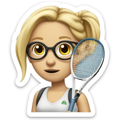 blond and very white tall german girl wearing jeans and normal clothes. She wear glasses and her hair with a bun.  She holds a tennis racket at hand and she look scared sticker