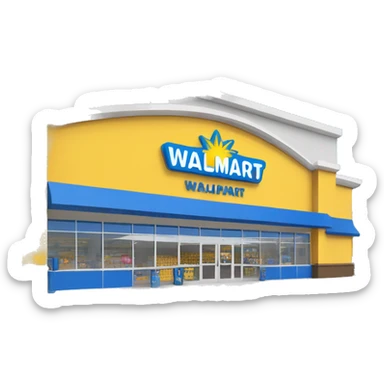 “Walmart store with a simple, recognizable design, featuring the iconic sunburst logo, blue and yellow color scheme, and storefront details that convey a large retail environment.” sticker