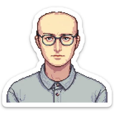 A man with an oval-shaped head, big forehead, receding hairline, dark hair, big dark eyebrows, long nose, wearing clear eyeglasses sticker