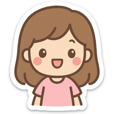 happy girl with medium straight brown hair, light skin tone, kawaii style sticker