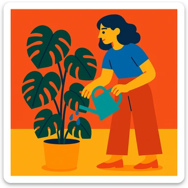 woman watering her monstera plant sticker