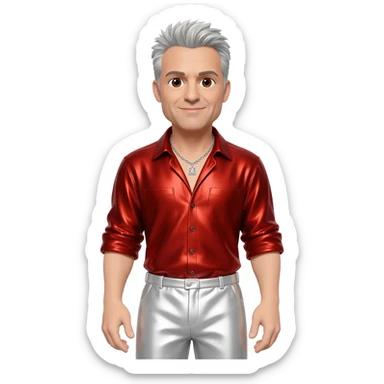 Johnny Knoxville with brown eyes, silver hair, red metallic shirt, white metallic baggy pants, silver necklace sticker