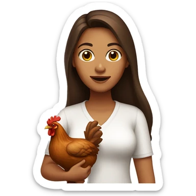 woman with long brown hair and brown eyes holding a chicken sticker