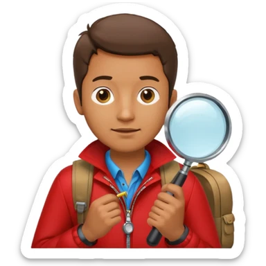 Explorer man with red jacket backpack and magnifying glass sticker