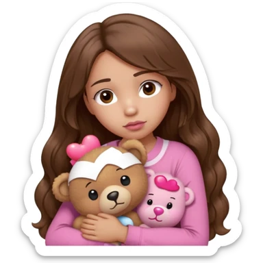 girl with long wavy brown hair, brown eyes, light to medium complexion, in a pink shirt, pink lips, long lashes, sad, hugging squeezing  a teddy bear with hearts sticker